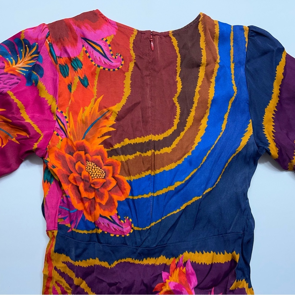 FARM Rio Floral Midi Dress Size XS Long Sleeve Vibrant Red Orange Blue Viscose - Picture 16 of 16
